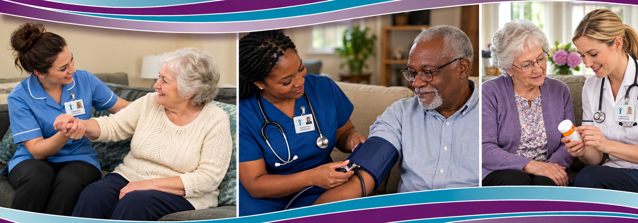 Care professionals supporting older adults at home, framed by teal and purple ribbons