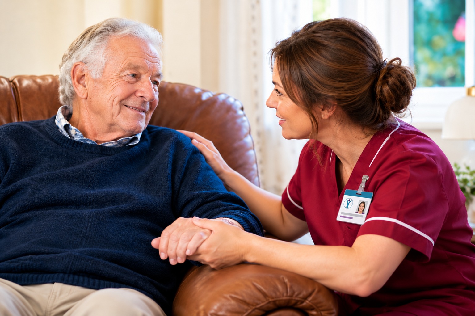 A caregiver listening to an older adult at home