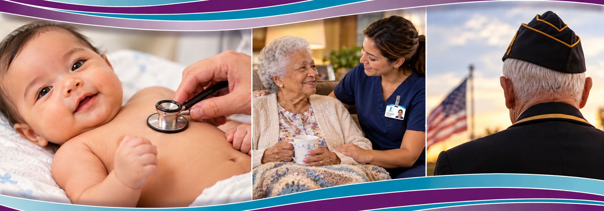 An infant, a caregiver supporting an older adult, and a veteran, framed by teal and purple ribbons